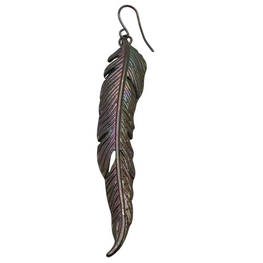 Single Earring Iridescent Feather Shaped Metal Dangle